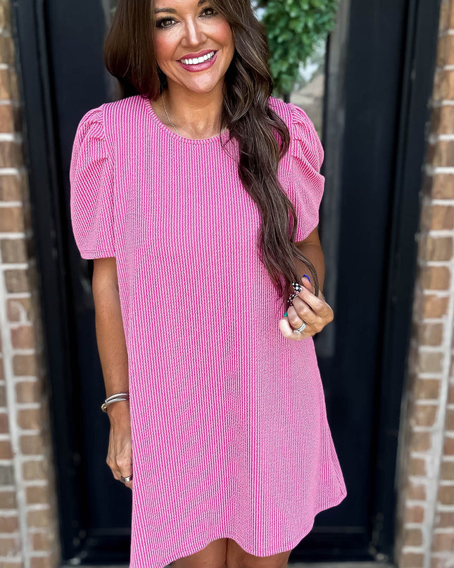 Blossom Corded Crew Neck Puff Sleeve Mini Dress