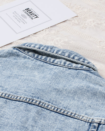 Light Blue Distressed Ripped Raw Hem Buttons Denim Jacket