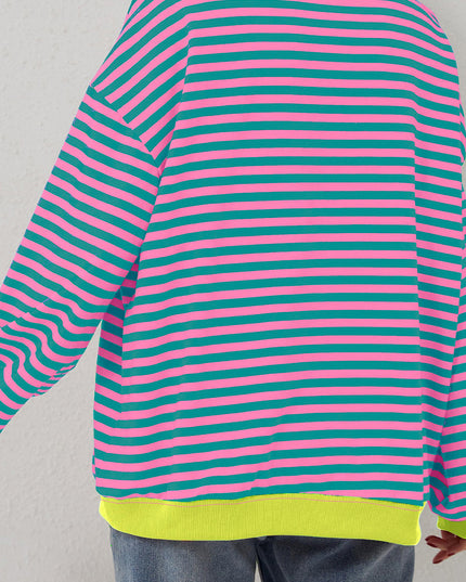 Blue Striped Contrast Trim Drop Shoulder Sweatshirt