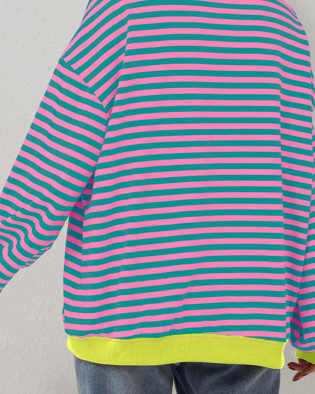 Blue Striped Contrast Trim Drop Shoulder Sweatshirt