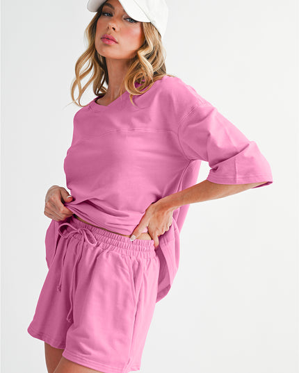 Bonbon Loose V Neck Tee and Drawstring Shorts Set