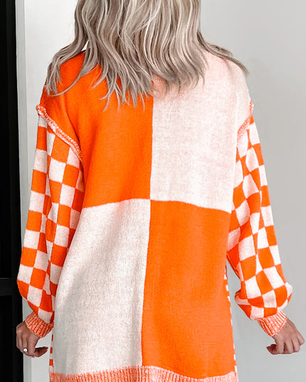 Orange Checkered Open Front Drop Shoulder Cardigan