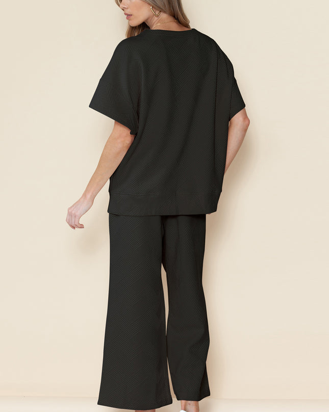Black Textured Loose Fit T Shirt and Drawstring Pants Set