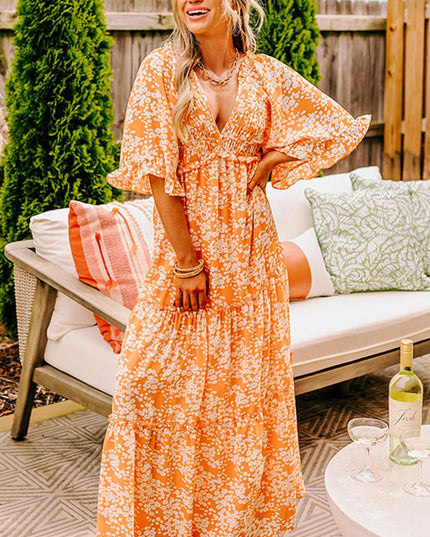 Orange Floral Print Smocked V Neck Bell Sleeve Maxi Dress