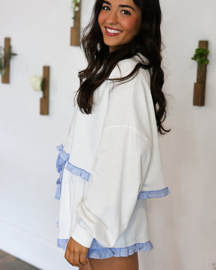 White Striped Ruffle Hem Long Sleeve Pullover and Shorts Set