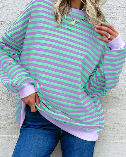 Blue Striped Contrast Trim Drop Shoulder Sweatshirt
