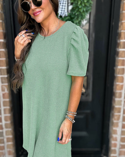 Blossom Corded Crew Neck Puff Sleeve Mini Dress