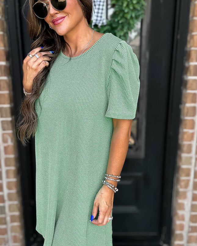 Blossom Corded Crew Neck Puff Sleeve Mini Dress