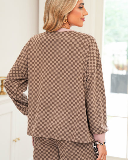 Sky Blue Checkerboard Contrast Trim Long Sleeve Pullover and Shorts Set