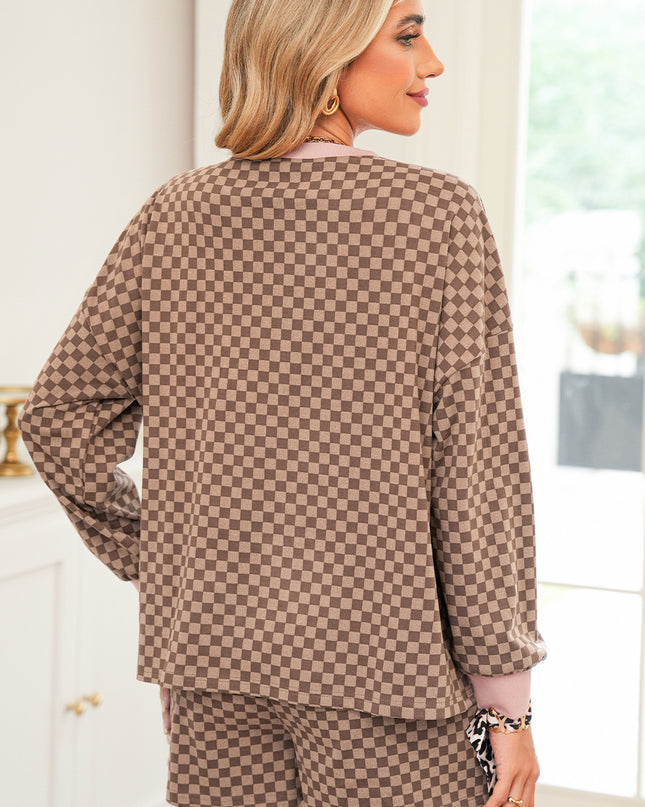 Sky Blue Checkerboard Contrast Trim Long Sleeve Pullover and Shorts Set