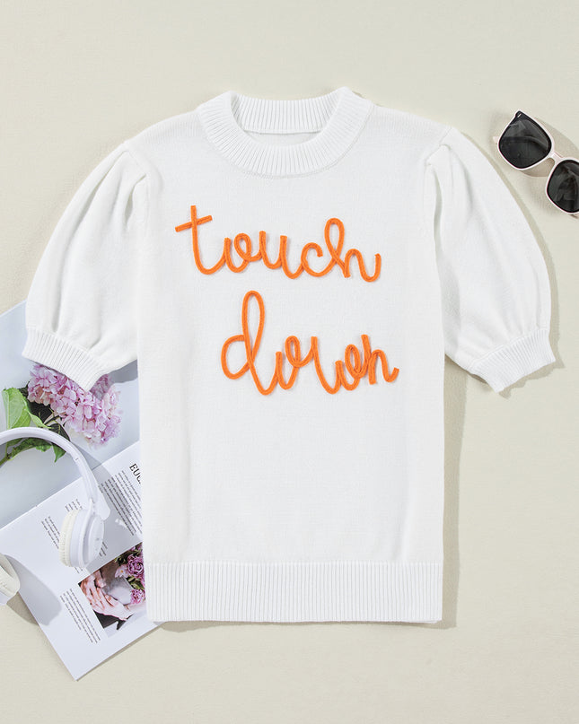 White Touchdown Puff Sleeve Sweater – Game Day Football Graphic Top
