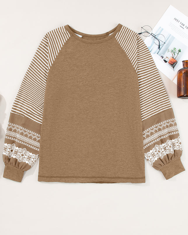 Rose Red Contrast Print Striped Raglan Long Sleeve Loose Top