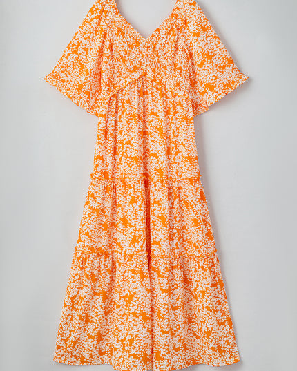 Orange Floral Print Smocked V Neck Bell Sleeve Maxi Dress