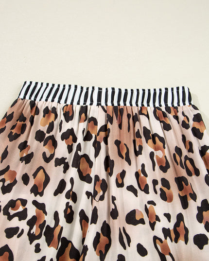 Khaki Leopard Print Colorblock Striped Patchwork Shirt and Pants Pajama Set