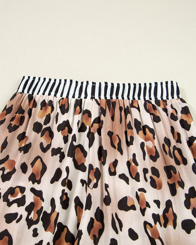Khaki Leopard Print Colorblock Striped Patchwork Shirt and Pants Pajama Set