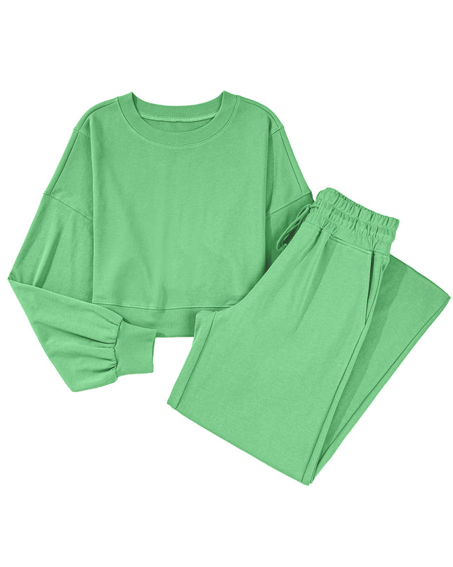 Mist Blue Wide-Leg Lounge Set | Drop Shoulder Crop Pullover & Drawstring Pants