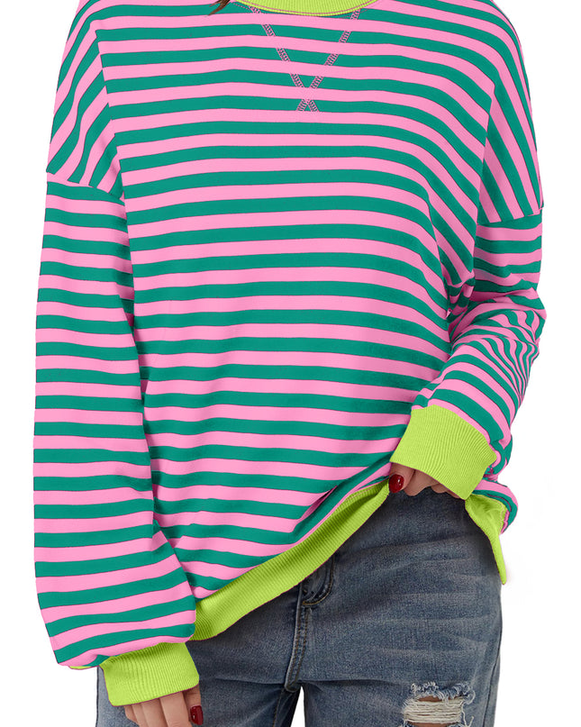 Blue Striped Contrast Trim Drop Shoulder Sweatshirt