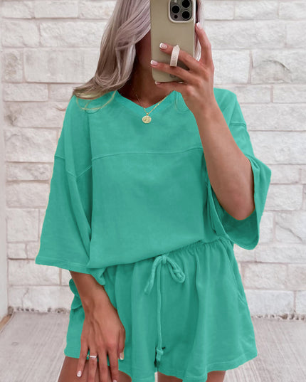 Bonbon Loose V Neck Tee and Drawstring Shorts Set