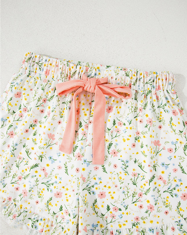 Pink Polka Dot and Bow Print Ruffle Hem Shorts Pajama Set