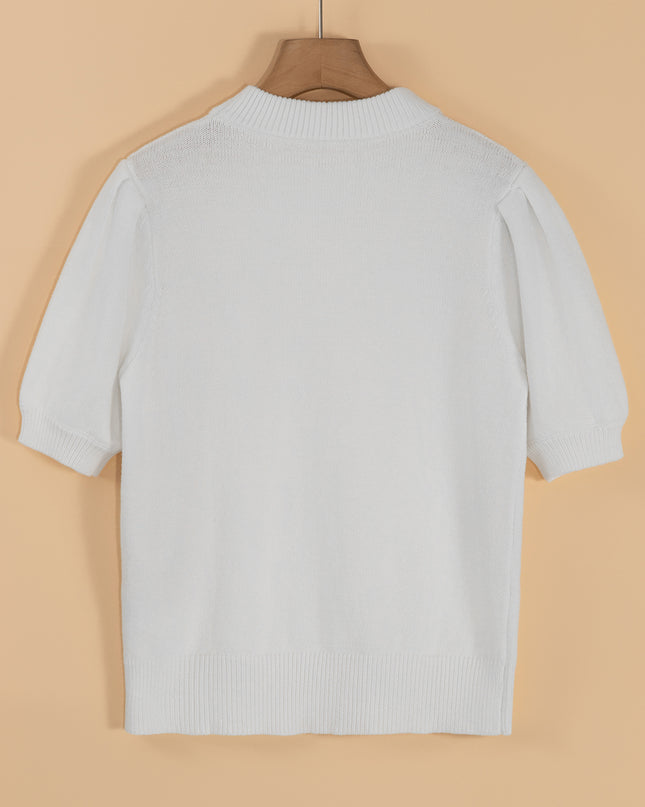 White Touchdown Puff Sleeve Sweater – Game Day Football Graphic Top