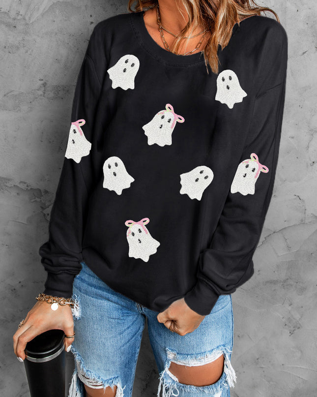 Black Sequin Cute Bow Ghost Graphic Crew Neck Halloween Sweatshirt