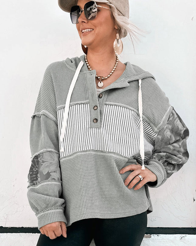 Gray Waffle Patchwork Drawstring Hooded Long Sleeve Top