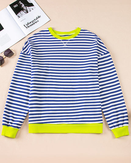 Blue Striped Contrast Trim Drop Shoulder Sweatshirt