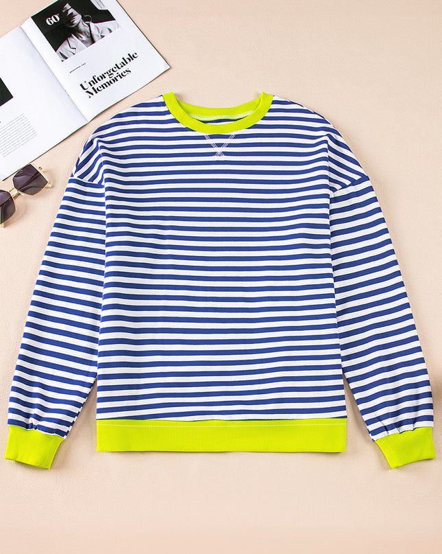 Blue Striped Contrast Trim Drop Shoulder Sweatshirt