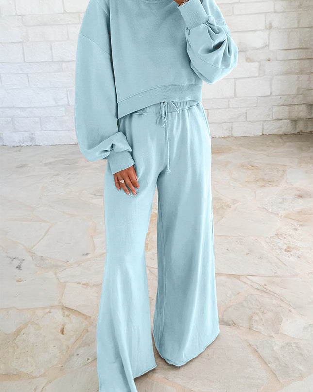 Mist Blue Wide-Leg Lounge Set | Drop Shoulder Crop Pullover & Drawstring Pants