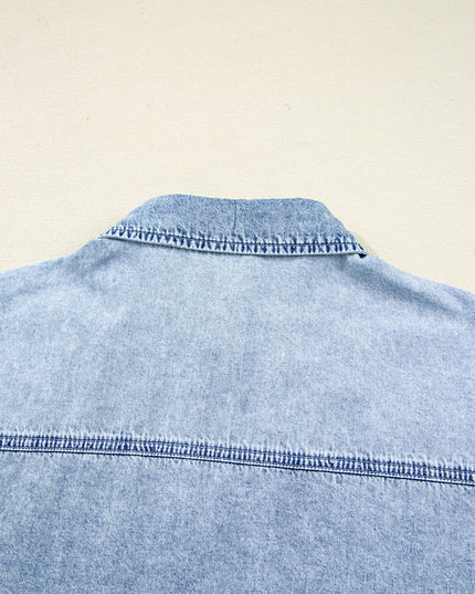 Denim Shirt Dress with Chest Pocket – Raw Hem Oversized Loose Fit Mini Dress (Blue Cotton)