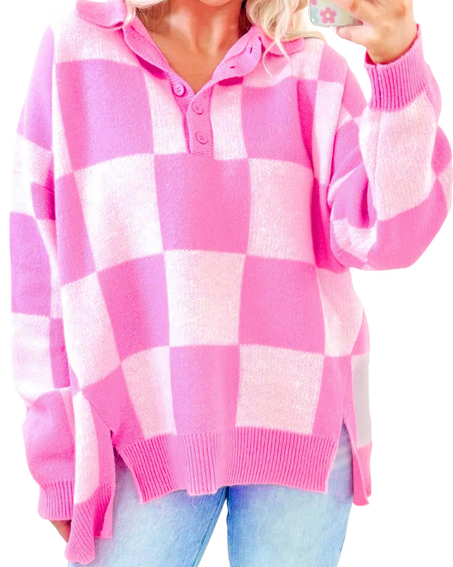 Pink Checkered Button Collared Sweater