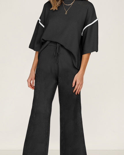 Navy Blue Loose Contrast Trim Half Sleeve Top and Drawstring Pants Set