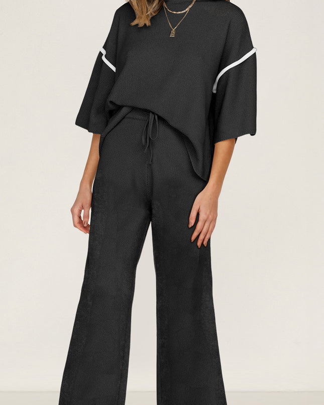 Navy Blue Loose Contrast Trim Half Sleeve Top and Drawstring Pants Set