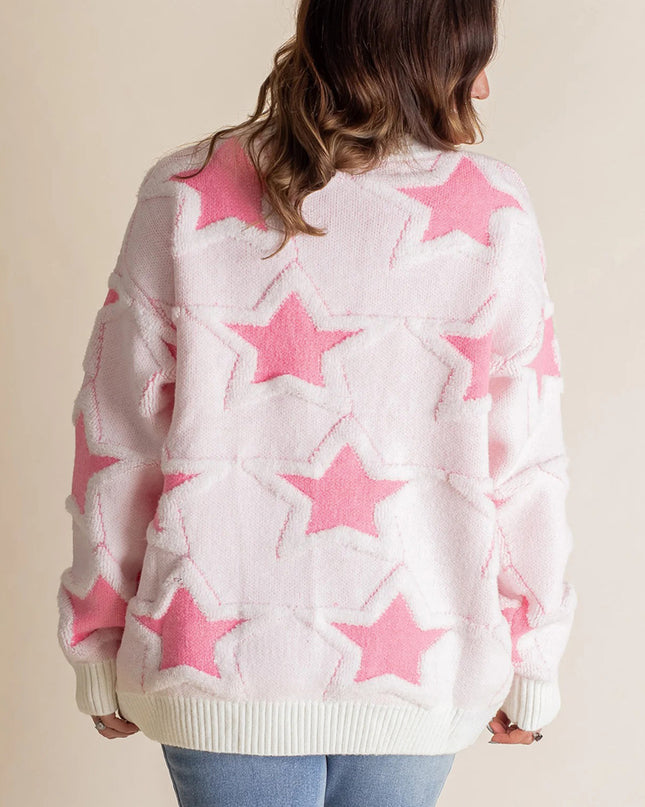 Sachet Pink Star Pattern Drop Sleeve Loose Sweater