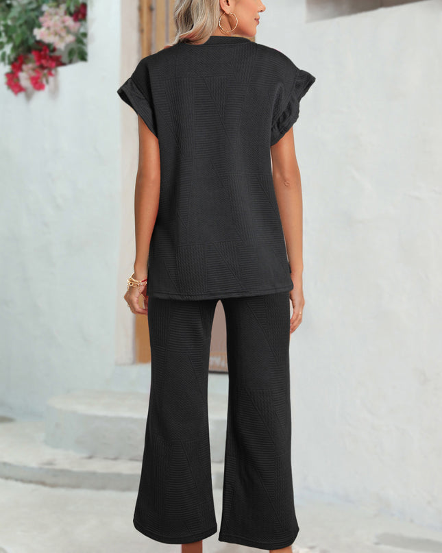 Black Textured Ruffle Summer Top and Drawstring Pants Set