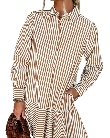 Brown Stripe Ruffle Hem Collared Long Sleeve Shirt Mini Dress