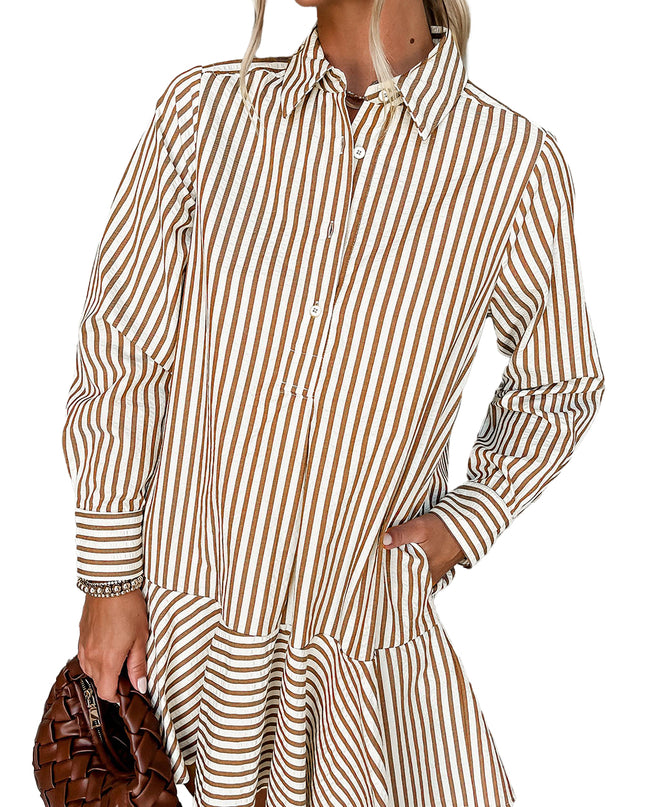 Brown Stripe Ruffle Hem Collared Long Sleeve Shirt Mini Dress
