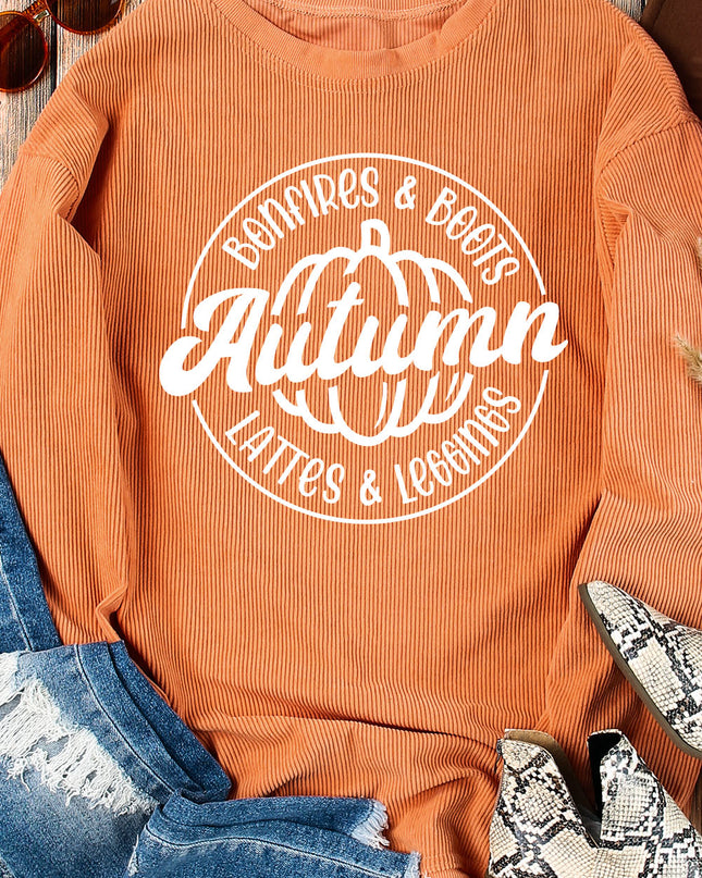 Orange Pumpkin Graphic Print Corded Oversized Sweatshirt