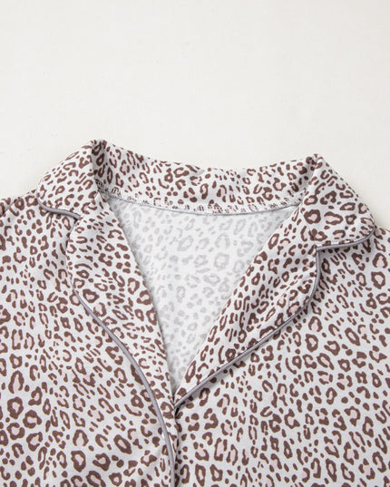 White Allover Leopard Print Long Sleeve and Pants Pajama Set