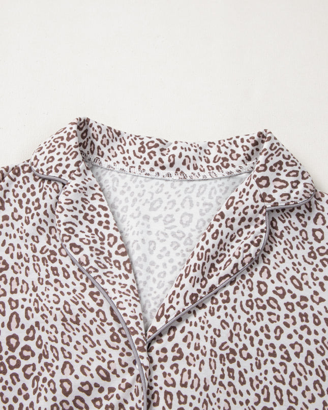 White Allover Leopard Print Long Sleeve and Pants Pajama Set
