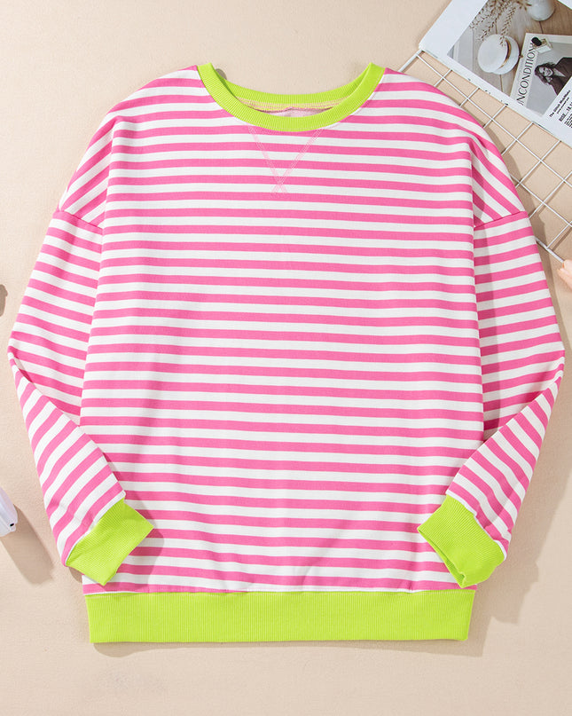 Blue Striped Contrast Trim Drop Shoulder Sweatshirt