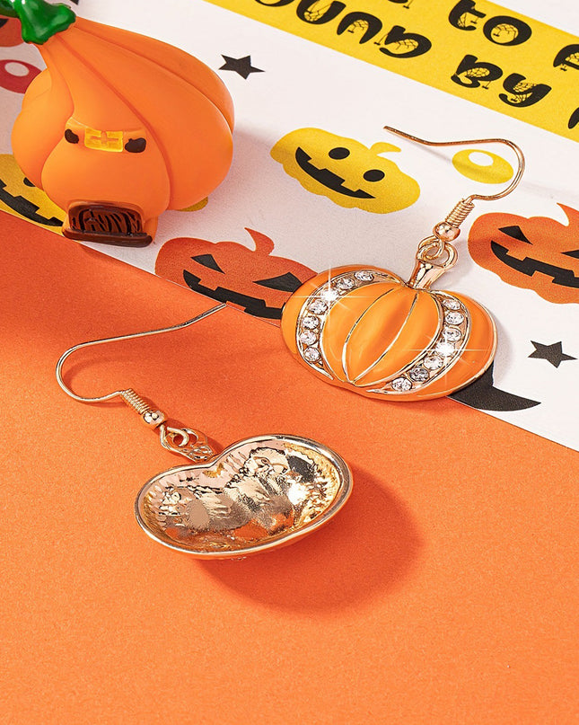 Orange Halloween Rhinestone Pumpkin Hook Earrings