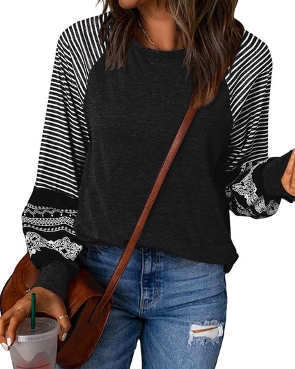 Rose Red Contrast Print Striped Raglan Long Sleeve Loose Top