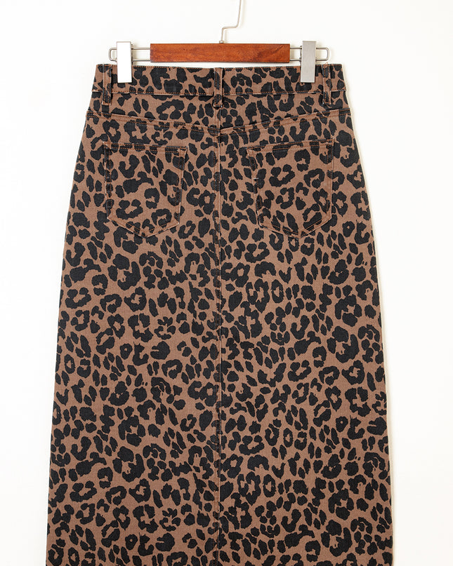 Brown Leopard Frayed Split Denim Midi Skirt