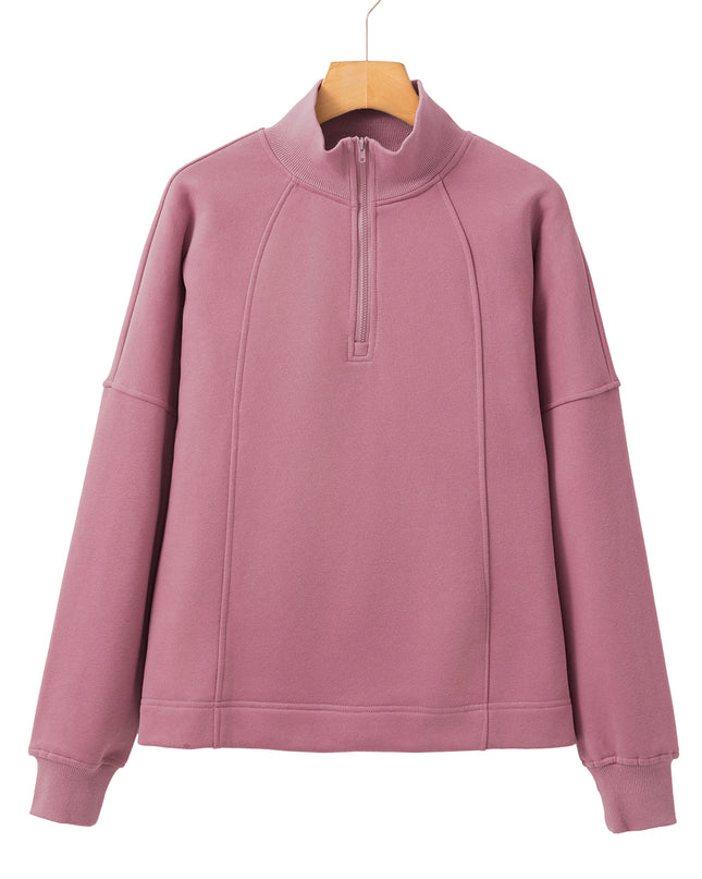 White Zipper Collared Drop Shoulder Plain Sweatshirt