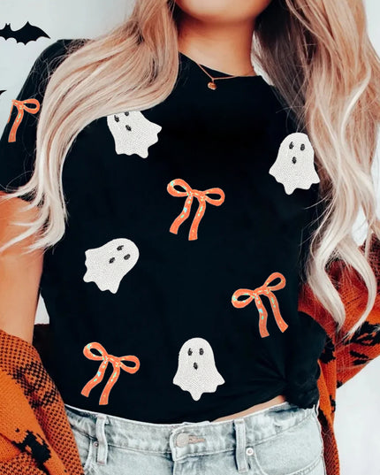 Black Sequin Bow Ghost Patched Halloween Graphic Tee