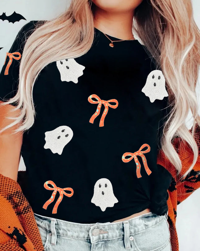 Black Sequin Bow Ghost Patched Halloween Graphic Tee