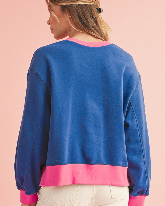 Blue Contrast Trim Bubble Sleeve Sweatshirt
