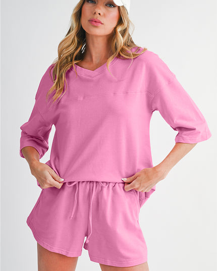 Bonbon Loose V Neck Tee and Drawstring Shorts Set