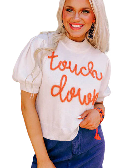 White Touchdown Puff Sleeve Sweater – Game Day Football Graphic Top